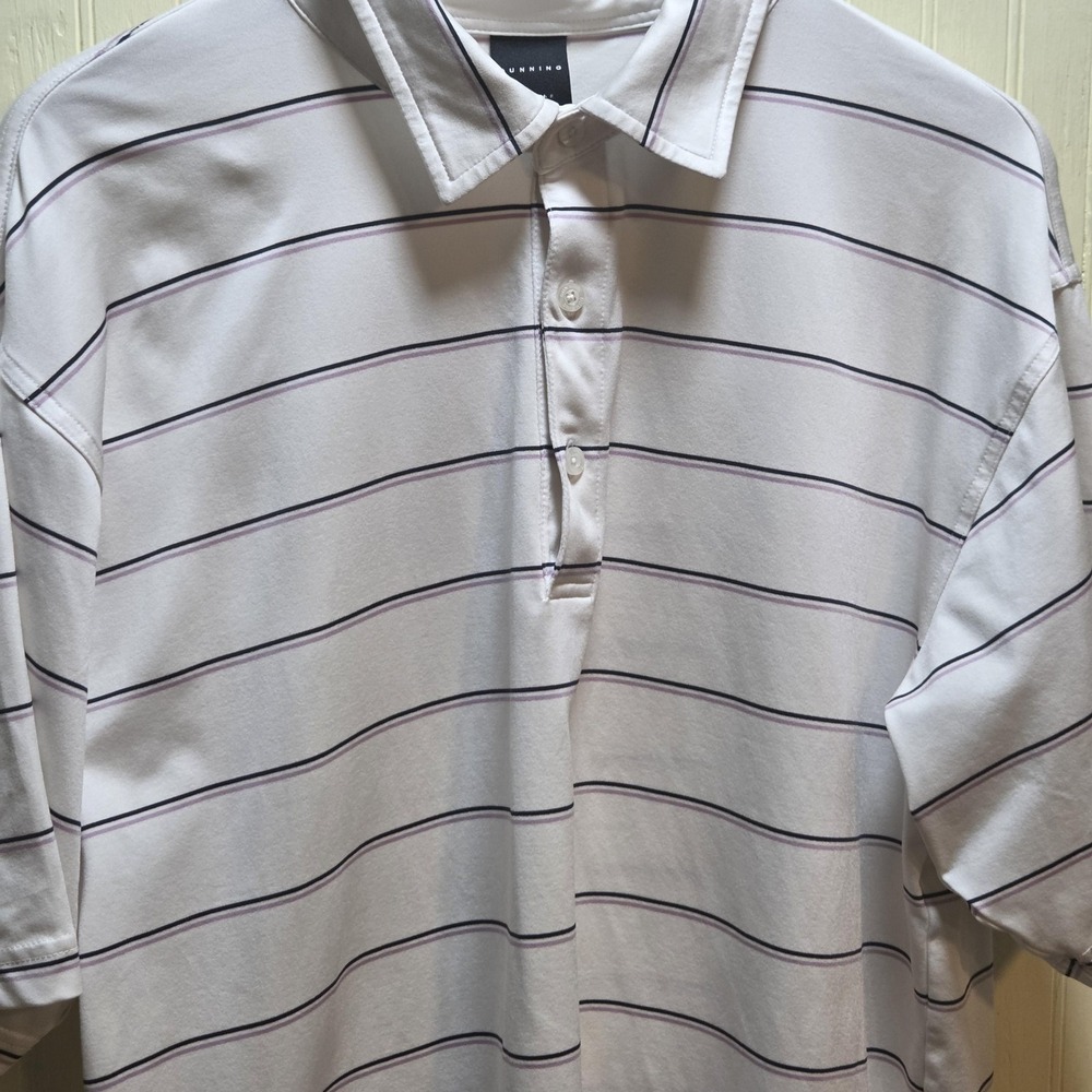 Dunning Polo Shirt Mens XL White Stripe Coolmax Stretch Short Sleeve Golf Top